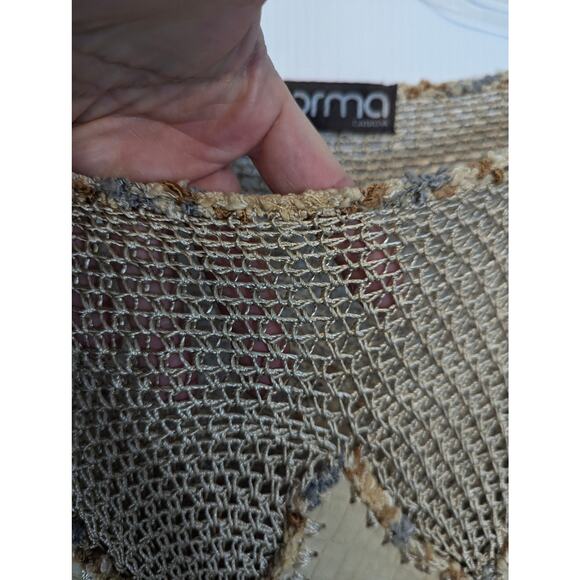 Vintage 80's Norma Canada Crochet & Leather Patch Sweater Sheer Tan SEE Measure - Picture 7 of 11